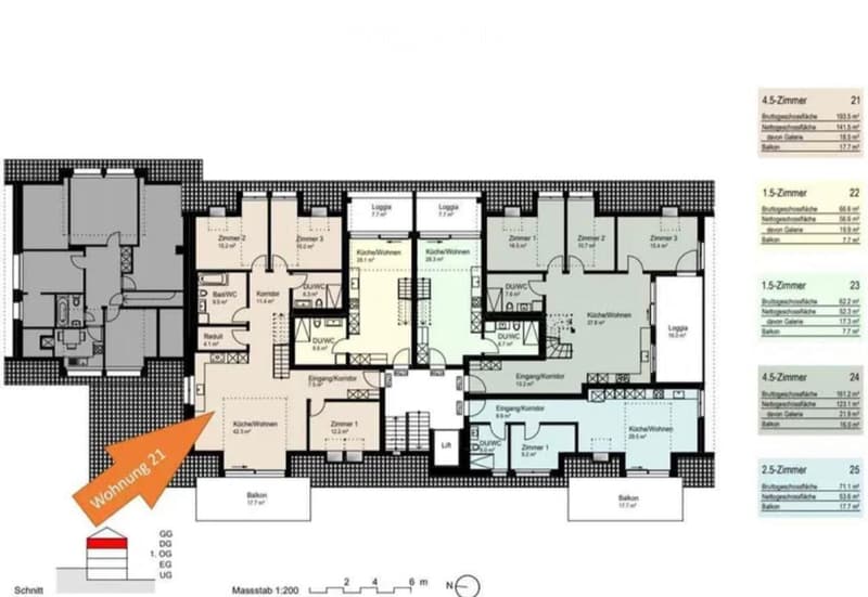 Floor plan of a multi-unit residential building showing various apartments with labeled rooms, including kitchens, living spaces, bedrooms, bathrooms, and balconies.