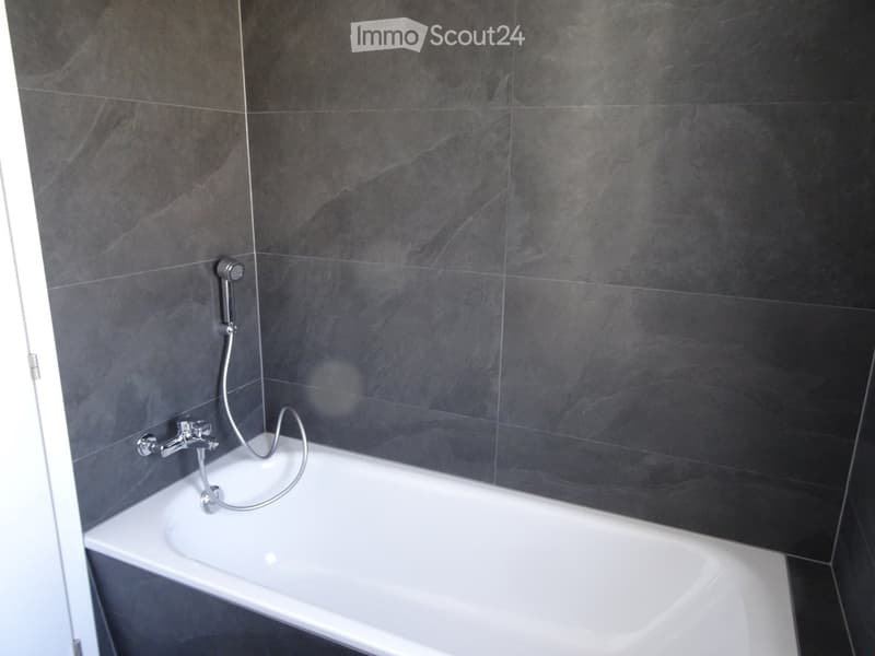 Modern bathroom with a white bathtub, dark grey tiled walls, and a handheld showerhead attached to the wall.