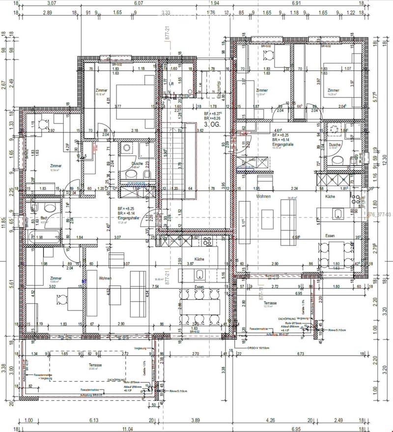 Floor plan of a multi-room residential space, including living areas, bedrooms, kitchen, bathrooms, and a terrace.
