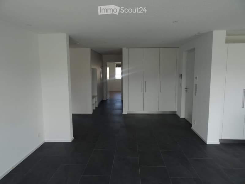 Empty hallway with dark tiled flooring, white walls, and built-in white closet units on one side.