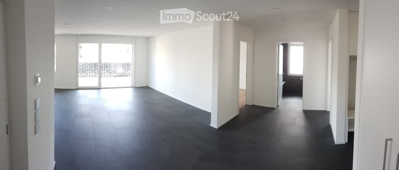 Empty hallway with dark tiled floor, white walls, and a sliding glass door leading outside.