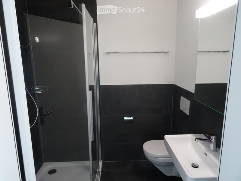 Modern bathroom with black and white tiles, a glass-enclosed shower, a toilet, and a sink with a modern faucet.