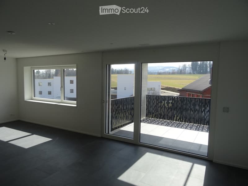 Empty room with large sliding glass doors leading to a balcony, grey walls, dark tiled floor, and a window with white frame.