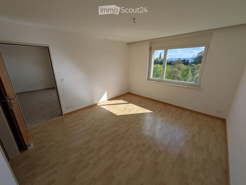Empty room with wooden flooring, white walls, and a large window offering a scenic view of greenery and a body of water.