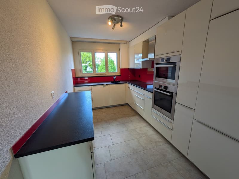 Modern kitchen with white cabinets, stainless steel oven, black countertop, and red backsplash.