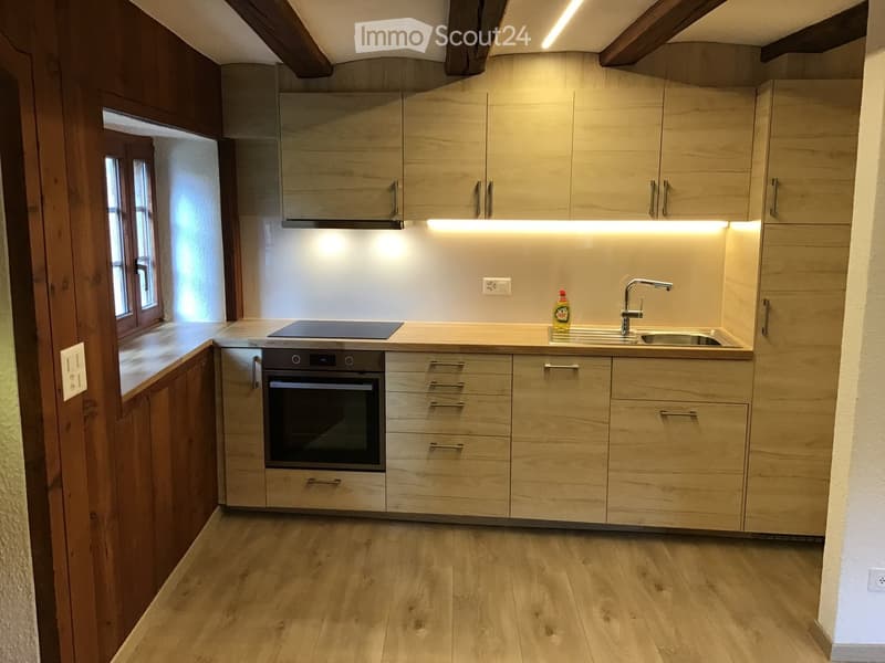 Modern kitchen with light wood cabinets, stainless steel appliances, and a sleek countertop.