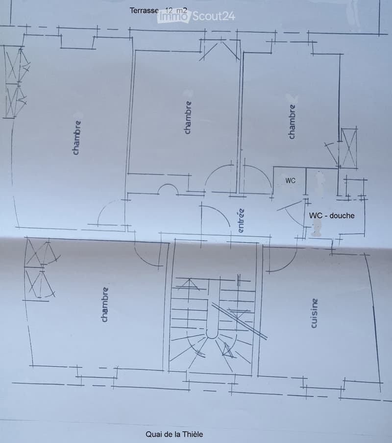Floor plan showing a layout with four bedrooms, a kitchen, a bathroom with a shower, an entrance, and a terrace of 12 m2.