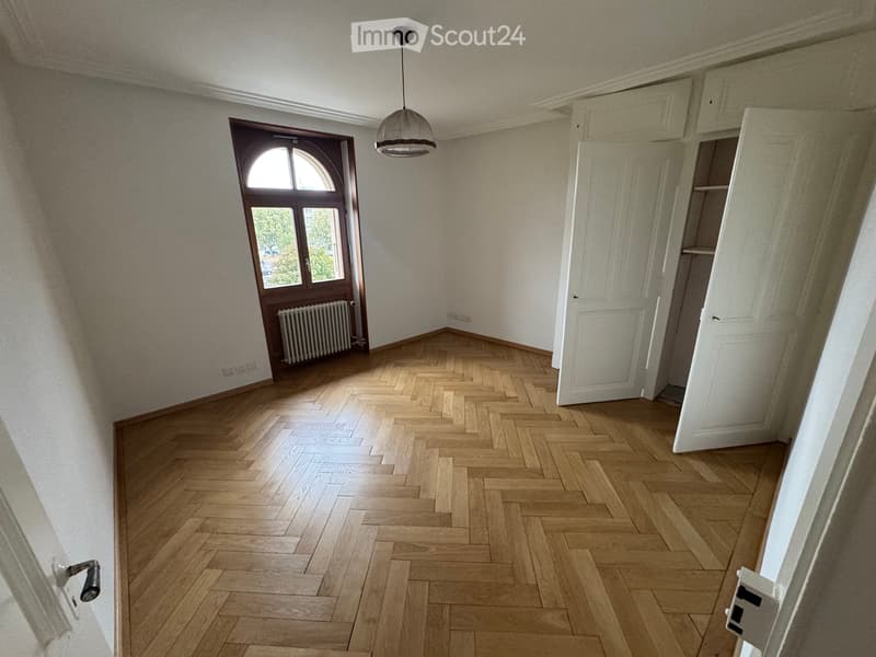 Empty room with wooden herringbone flooring, white walls, and a large arched doorway leading outside. A radiator is visible near the door, and a hanging light fixture is present.