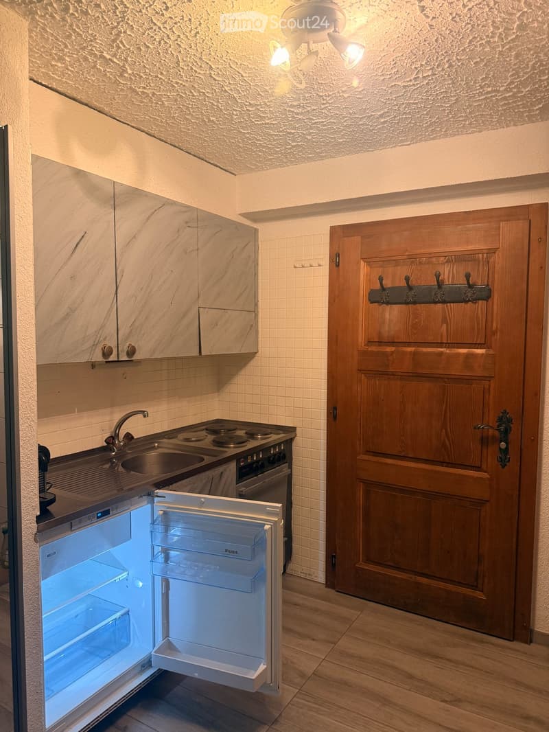 Compact kitchen with wooden cabinets, a small refrigerator, a sink, and a stove. The refrigerator door is open, revealing its interior.