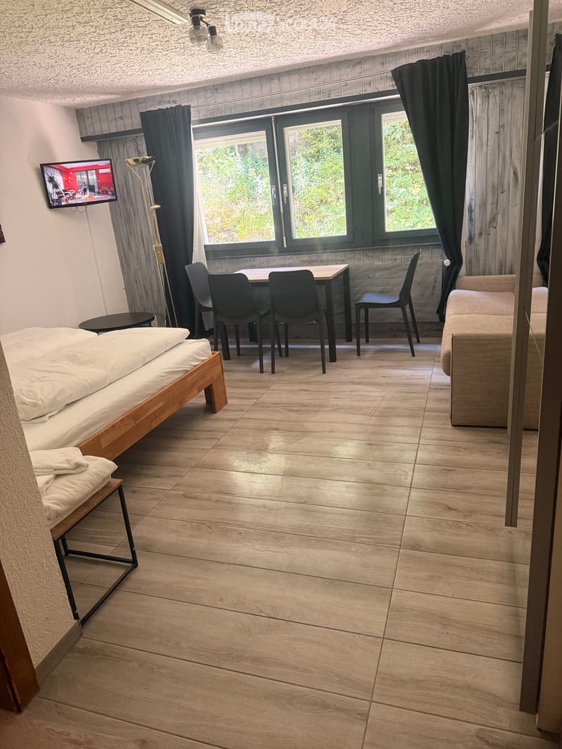 A furnished room with a bed, sofa, table, chairs, and a TV screen mounted on the wall. The room features wooden flooring and large windows with curtains.