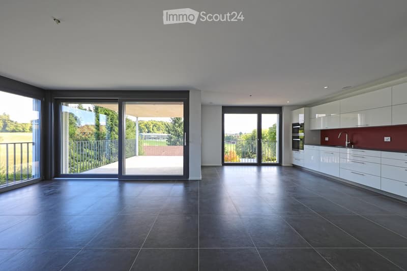 Modern, open-concept kitchen and living space with dark tiled flooring, white cabinets, a red backsplash, and large sliding glass doors leading to a balcony.