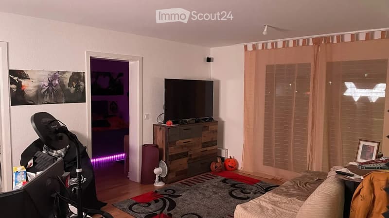 A cozy living room with a sofa, a coffee table, a fan, a laptop, a screen, and a curtain. There is also a picture frame on the wall and a pumpkin on the floor.