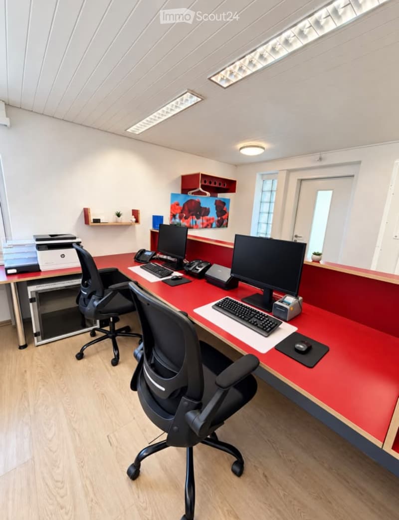 Office space with two desks, two chairs, two computer screens, keyboards, mice, printers, telephones, shelves, and a picture on the wall.