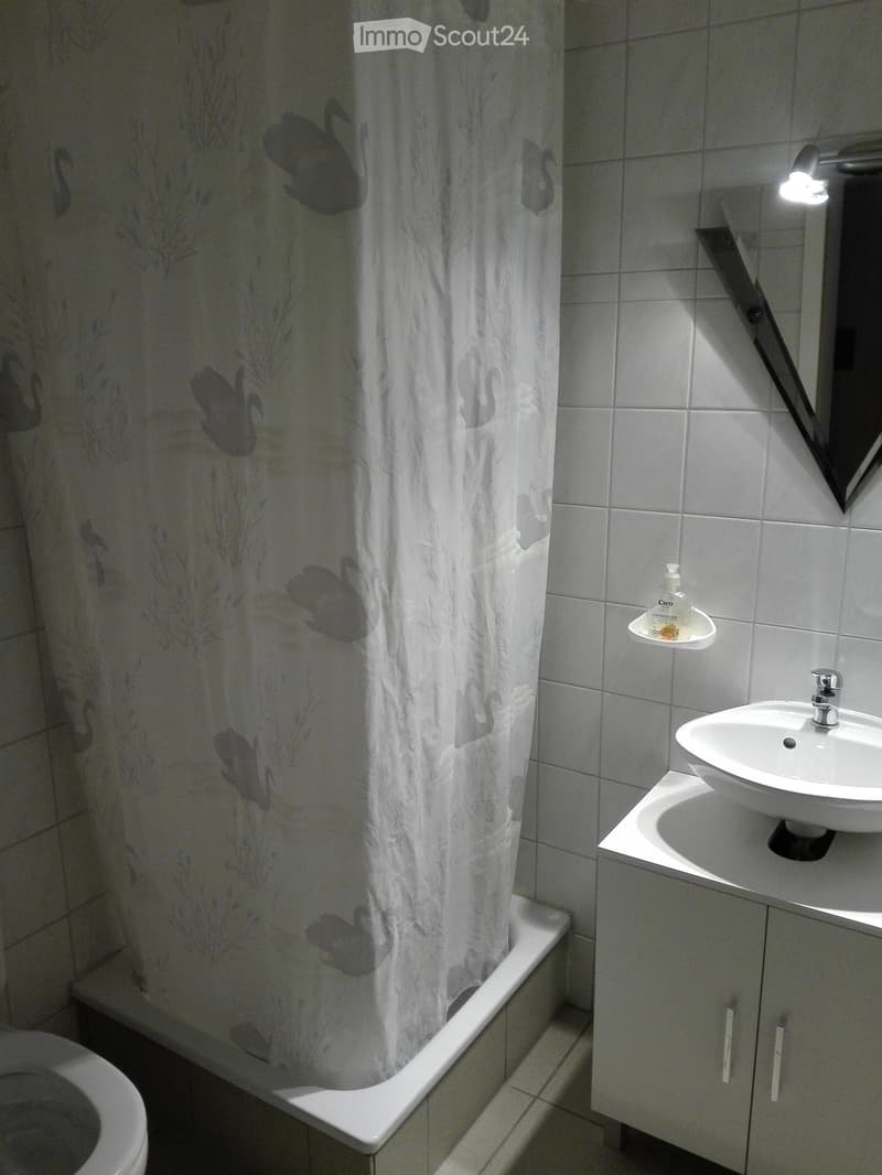Bathroom with shower curtain, toilet, sink, mirror, and a bottle of hand soap on a soap dish.