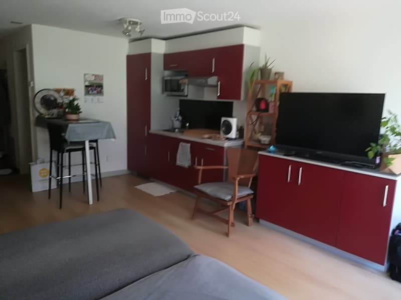 kitchen with living room, marble countertop, red cabinets, microwave, television, chair