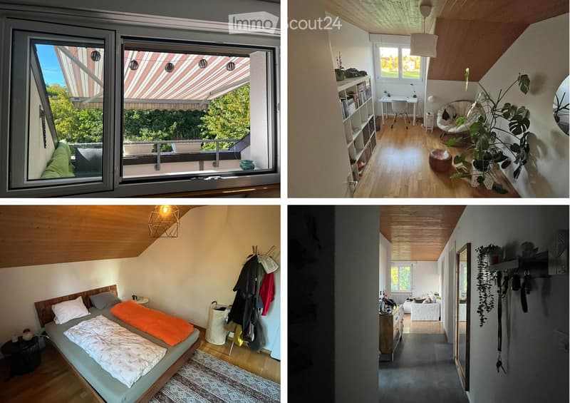 Four images showing a modern, furnished living space with a balcony, living room, bedroom, and hallway. The living room features a sofa, coffee table, and bookshelf. The bedroom has a bed with colorful bedding and a nightstand. The hallway includes a coat