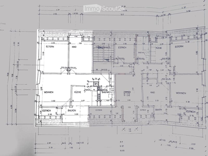 Floor plan of a multi-room apartment with labeled rooms including living area, kitchen, bedrooms, bathrooms, and balconies.