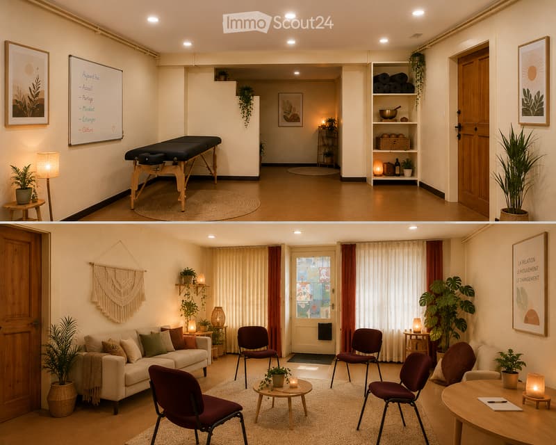 Two images show a modern, well-lit room with a massage table, shelves with rolled mats, and a cozy living area with a sofa, chairs, coffee tables, and decorative plants.