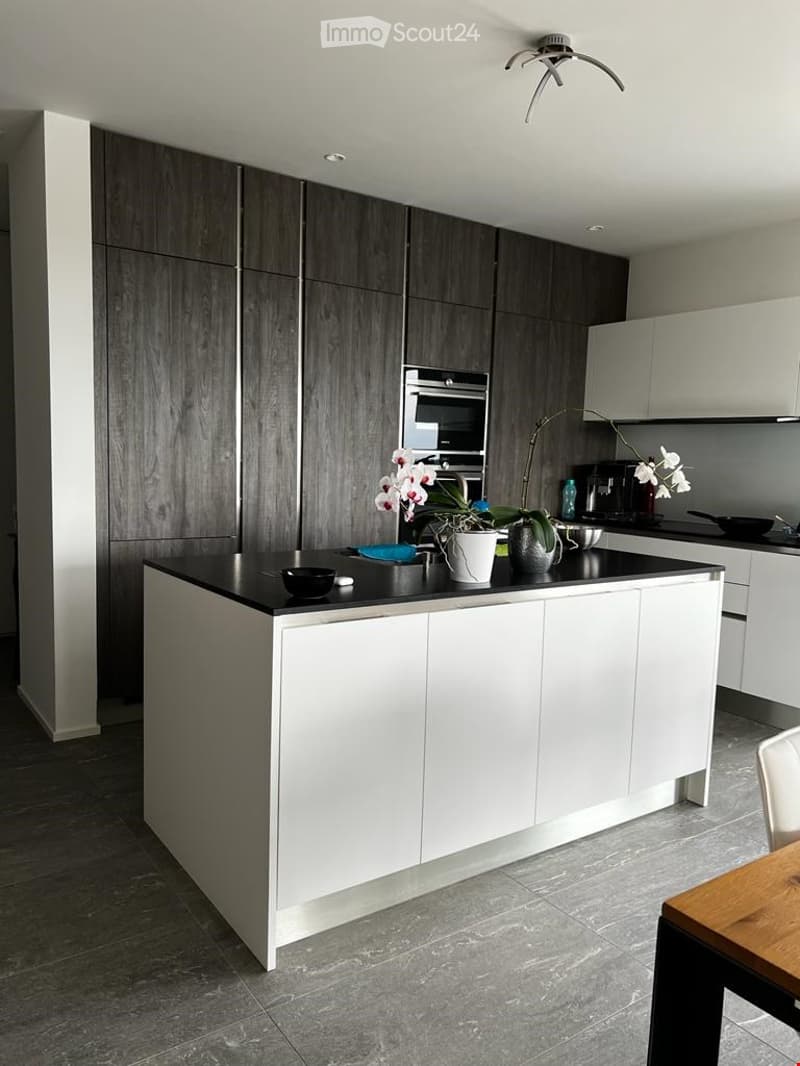 Modern kitchen with grey and white cabinetry, a central island, and various appliances including an oven. The island features a black countertop with decorative items such as potted plants, a bowl, and a cup.