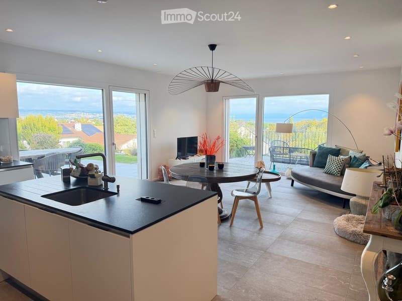 Modern open-plan living and dining area with a view, featuring a sofa, dining table, chairs, kitchen sink, and decorative items.