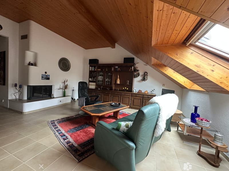 Living room with a slanted wooden ceiling, fireplace, sofa, armchair, coffee table, bookshelf, and decorative items.