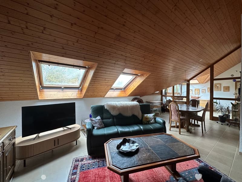 A cozy living room with a green leather sofa, coffee table, television, dining area with chairs and table, and large skylights.