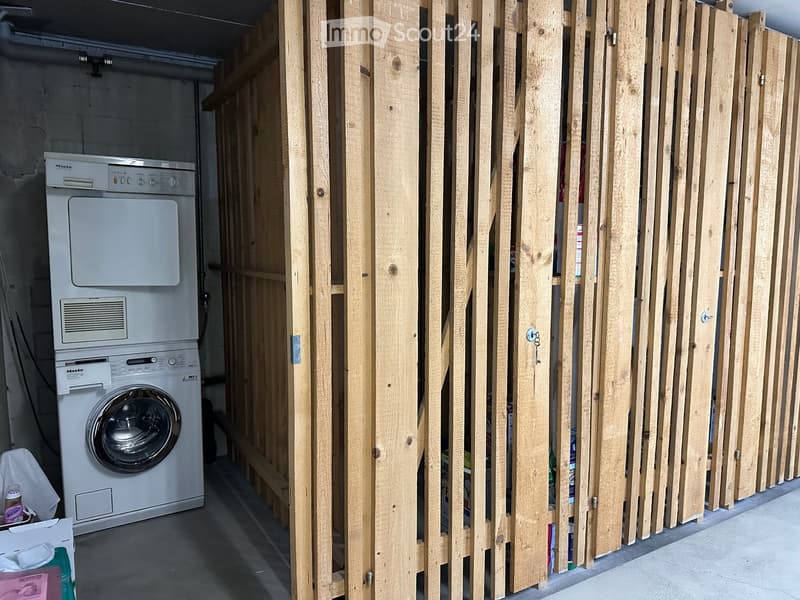 Bathroom with a white washing machine and dryer unit, wooden paneling, and a partially constructed wooden wall.