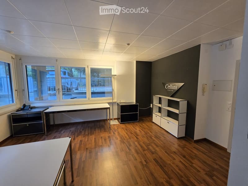 Modern office space with wooden flooring, large windows, white table, black cabinets, shelves, and a floor lamp.