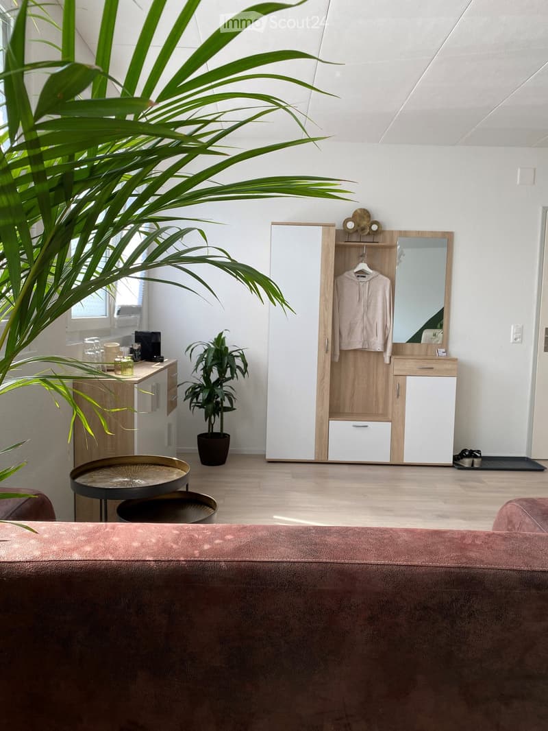 A modern, well-lit living room with a pink sofa, a round black table, a large mirror, a wooden wardrobe, and a potted plant. The room features light-colored walls and a wooden floor.