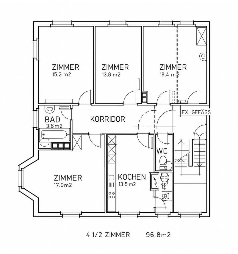 Floor plan of a 4.5-room apartment totaling 96.8 m², featuring four bedrooms, a bathroom, a kitchen, a WC, and a corridor.