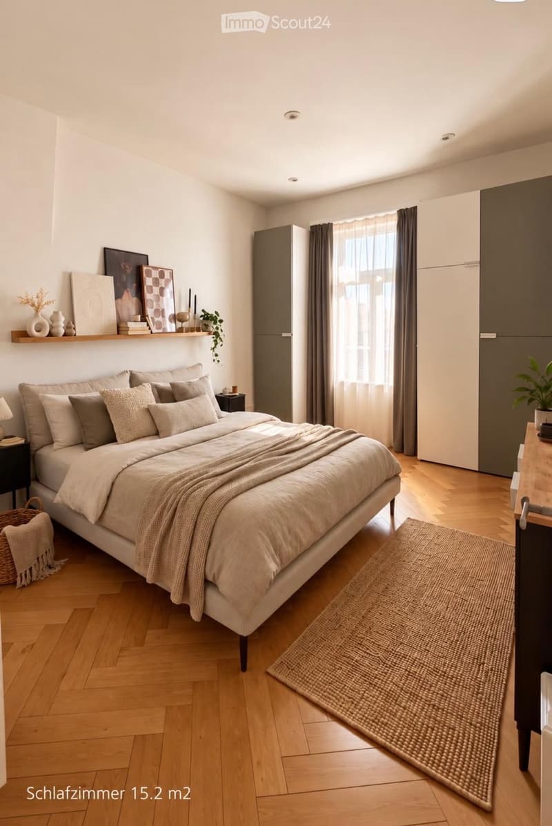 Modern bedroom with a large bed, nightstand, shelf with decorative items, and a plant near the window.