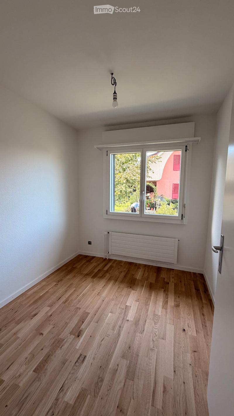 Empty room with light wooden flooring, white walls, a radiator, and a large window with a view of greenery outside.