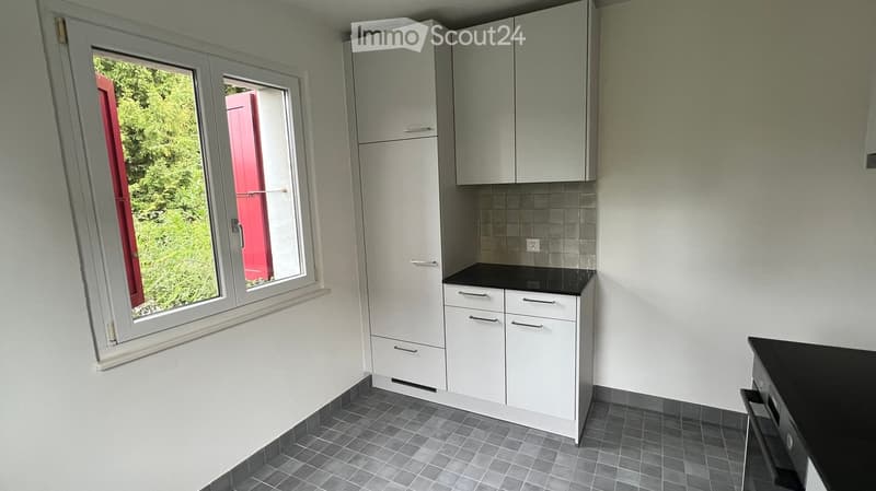Modern kitchen with white cabinets, black countertop, and grey tiled floor. Large window with red shutters offers a view of greenery outside.