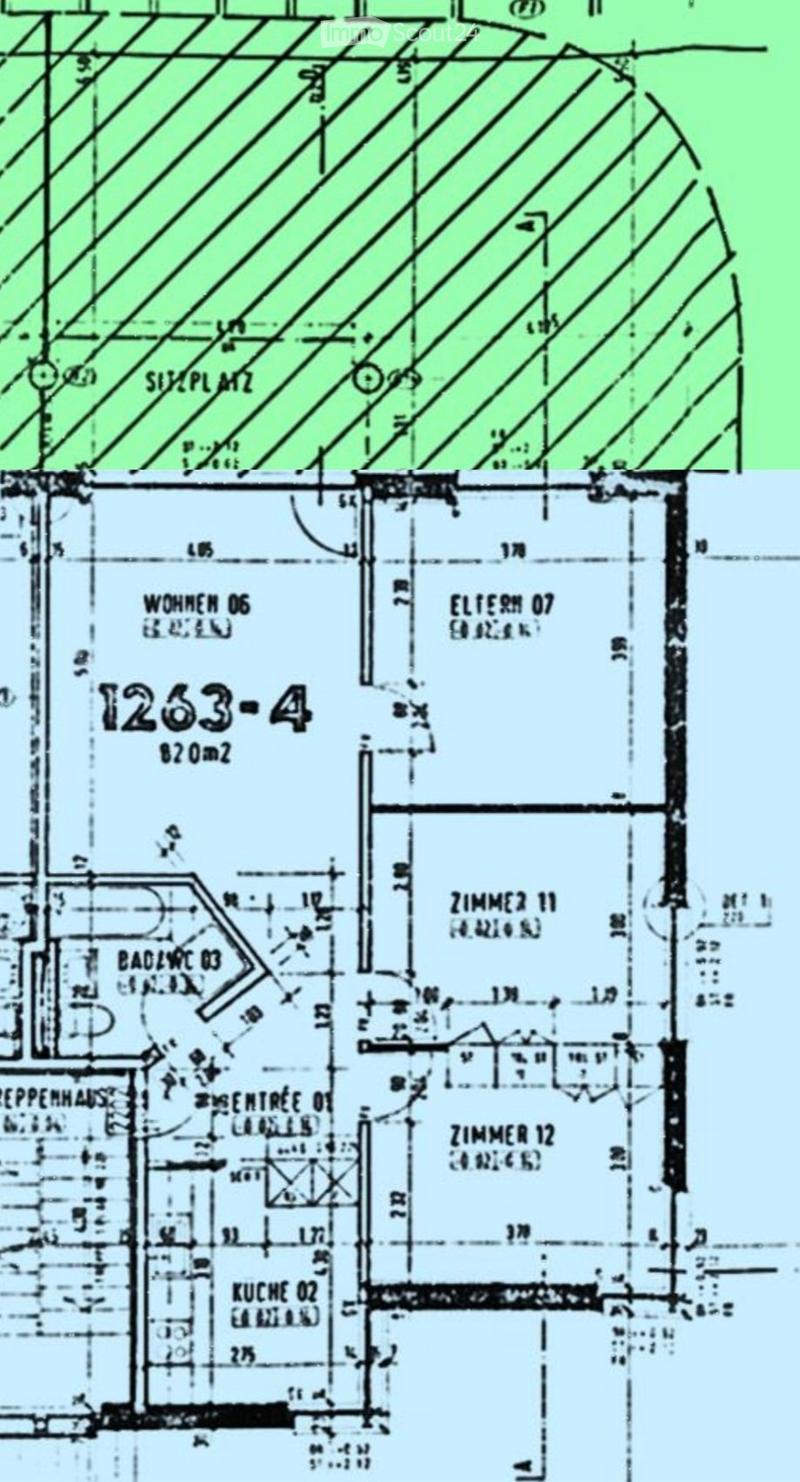 Floor plan showing multiple rooms including living area, kitchen, bedrooms, and bathrooms with labeled dimensions and room numbers.