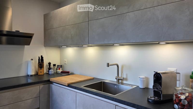 Modern kitchen with grey cabinets, stainless steel sink, and various appliances and utensils on the counter.