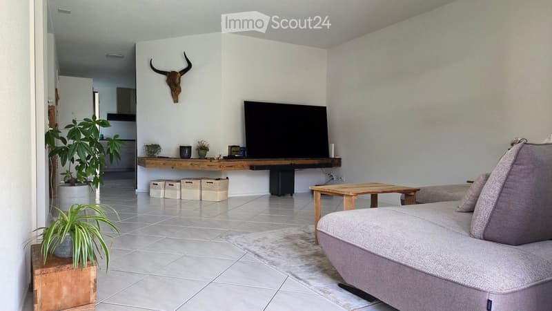 Modern living room with a grey sofa, wooden coffee table, flat-screen TV on a wooden shelf, decorative skull, and potted plants.