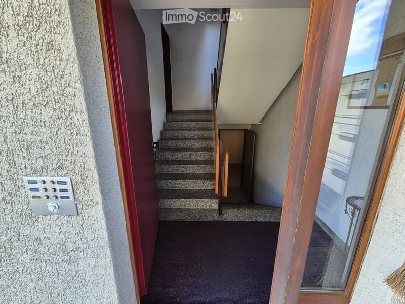 Hallway with carpeted floor, wooden door frame, staircase leading upwards, and a small table visible through a glass door.