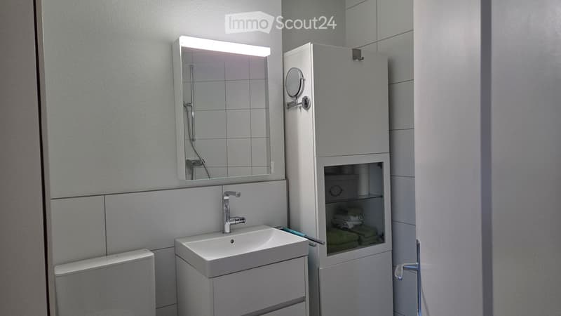 Modern bathroom with a white sink, chrome faucet, illuminated mirror, built-in cabinet with towels, and a toilet.