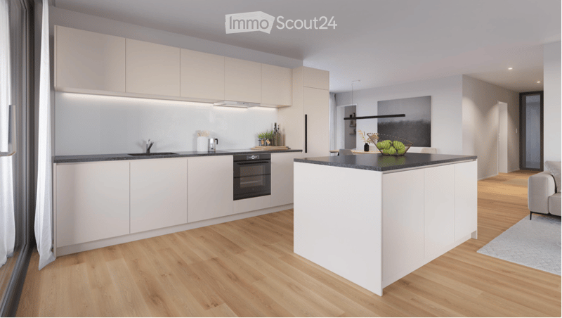 Modern kitchen with white cabinets, black countertop, island, sink, faucet, oven, and a small seating area with a sofa and rug.