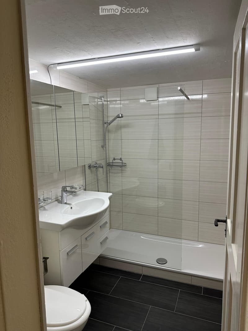 Modern bathroom with a white sink, chrome faucet, large mirror, bathtub with glass enclosure, and a toilet. The walls are tiled in light grey, and the floor is dark grey.