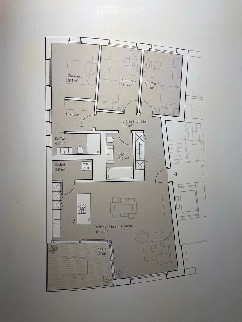 Floor plan of a residential space featuring a living/dining/kitchen area, three bedrooms, a bathroom, a hallway, a closet, a pantry, and a loggia.
