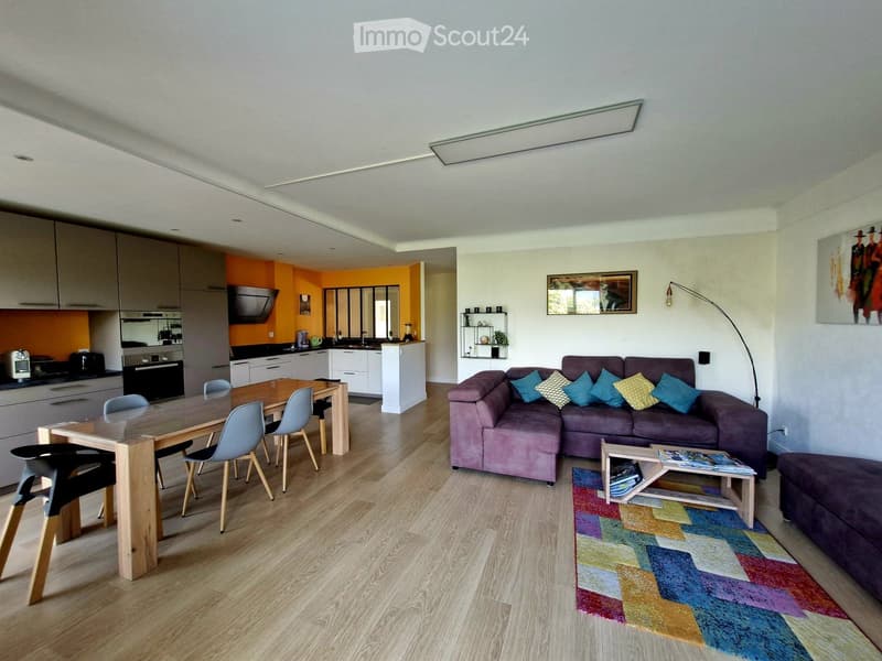 Modern open-plan living and dining area with a purple sectional sofa, wooden dining table, colorful rug, and a separate kitchen area with grey cabinets and orange backsplash.