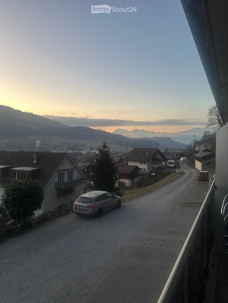 Balcony overlooking a residential street with houses, parked cars, and distant mountains at sunset.