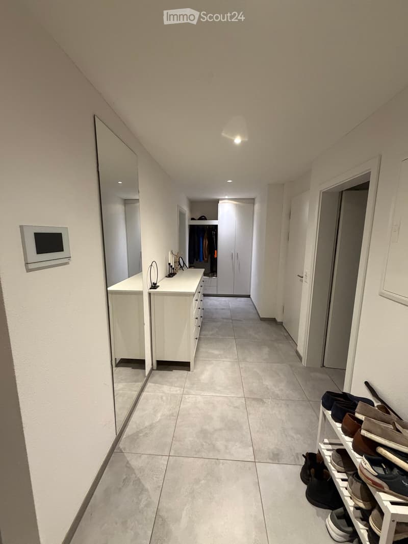 Clean, modern hallway with tiled flooring, white walls, built-in storage, and a shoe rack with multiple pairs of shoes.