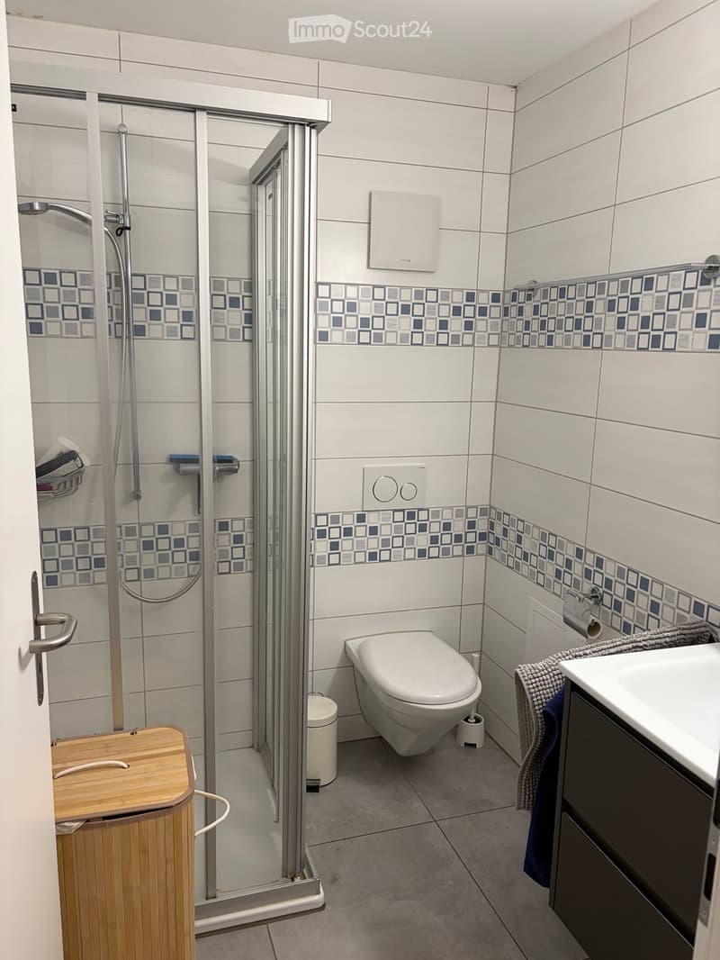 Modern bathroom with white tiles, a glass-enclosed shower, a toilet, a sink with a towel, and a small wooden shelf.