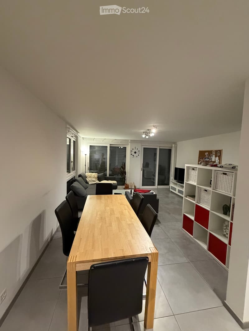 A modern, open-plan living and dining area with a wooden dining table, black chairs, a grey sofa, a television on a shelf, and a large window with blinds.