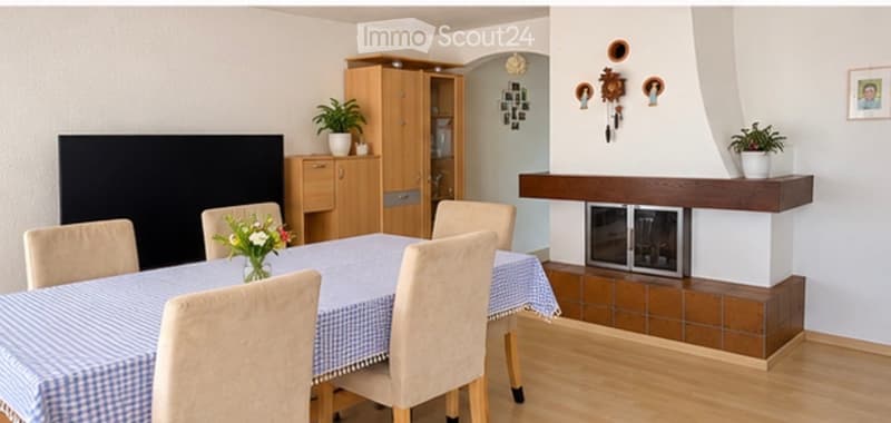 Dining room with a wooden dining table, chairs, a cabinet, a fireplace, and decorative plants.