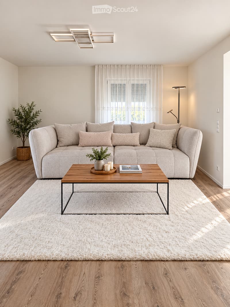 Modern living room with a large sectional sofa, wooden coffee table, floor lamp, and decorative plants.