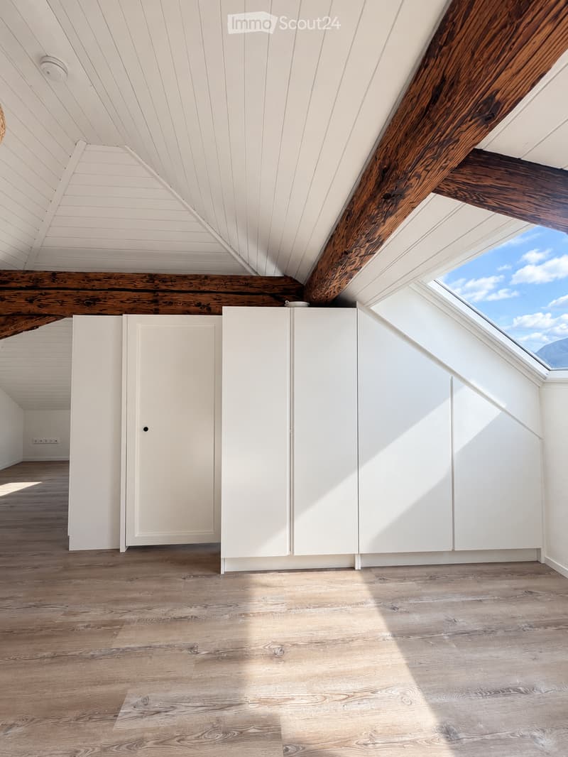 Bright, empty attic room with wooden flooring, white walls, and built-in white cabinets. Exposed wooden beams and skylights provide natural light.