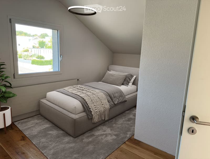A bedroom with a bed, rug, and window, a plant, and a radiator.